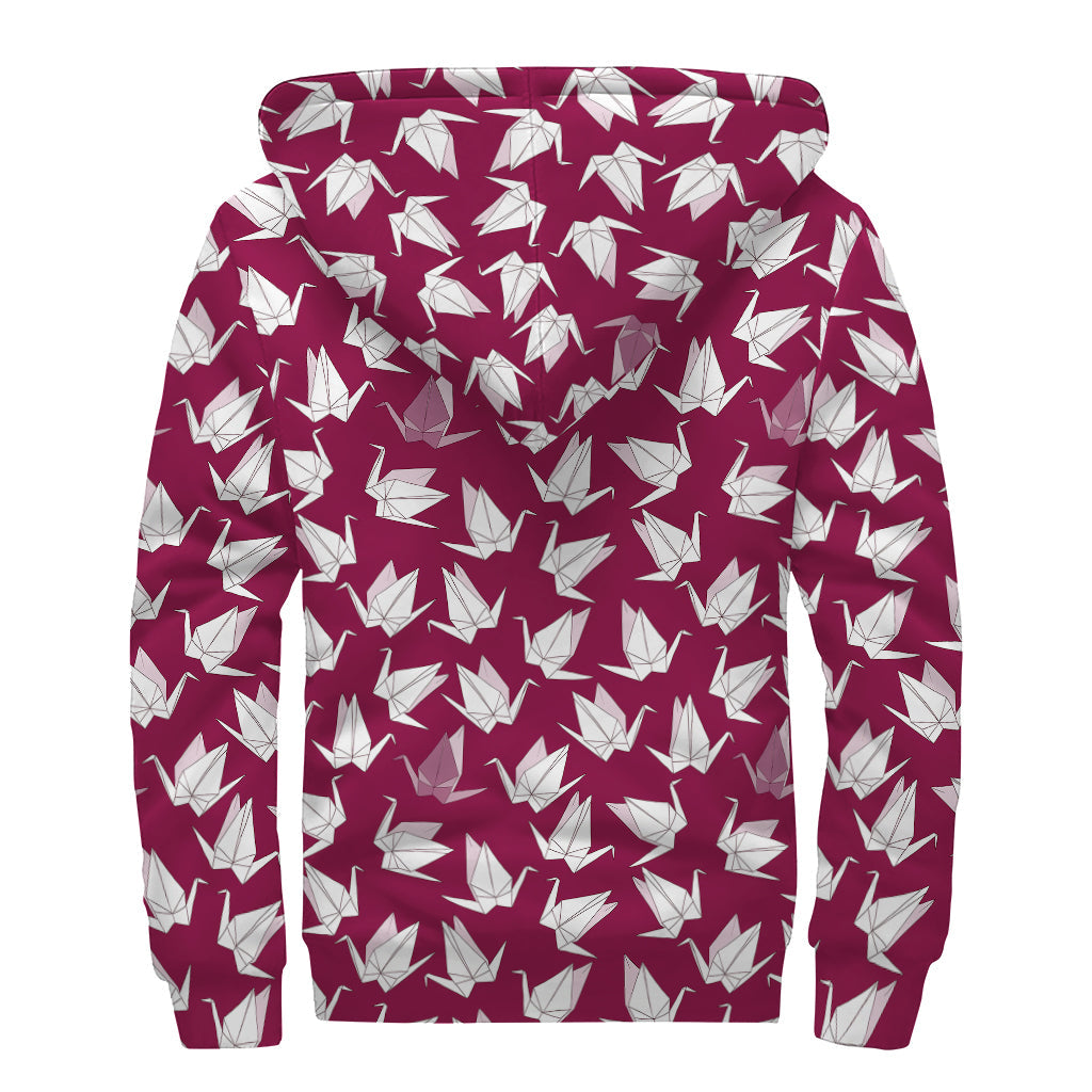 Japanese Origami Crane Pattern Print Sherpa Lined Zip Up Hoodie for the Free-Spirited Hippie - 2