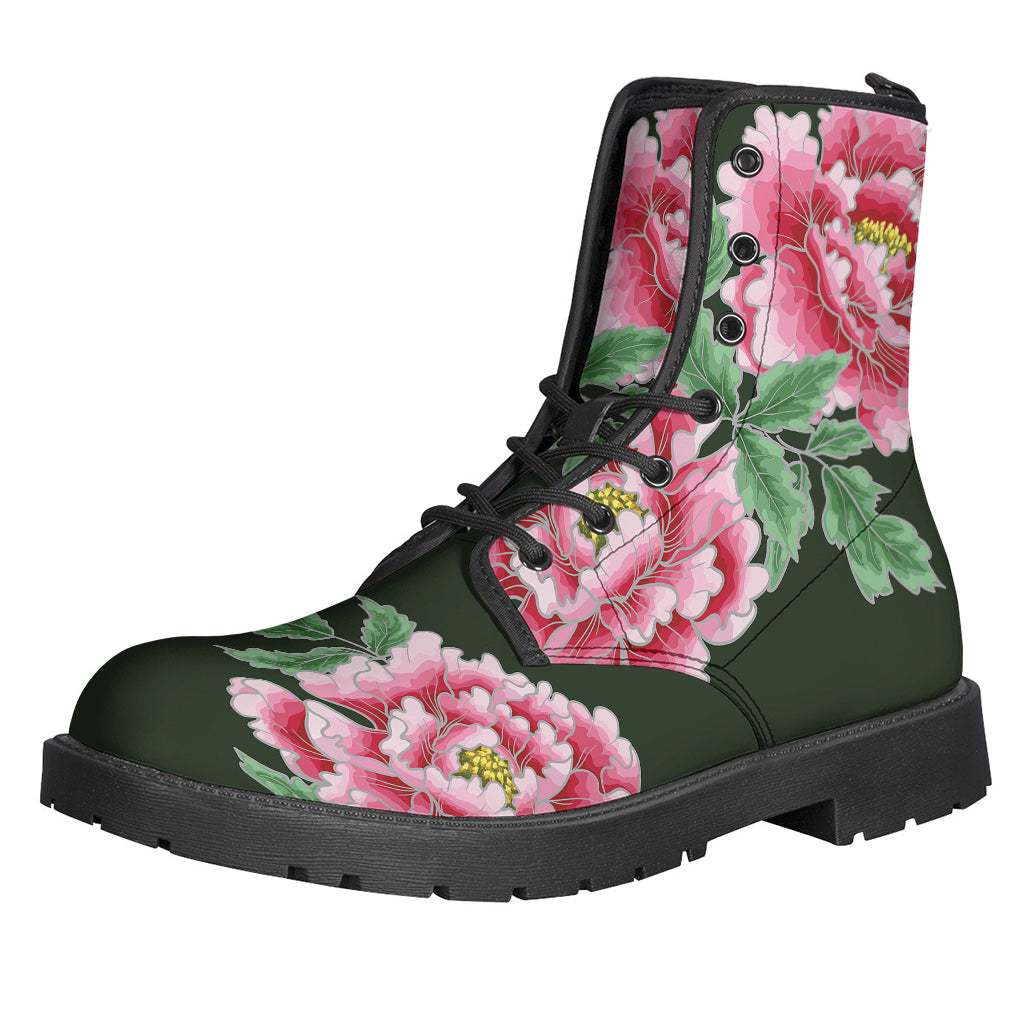 Boho Beauty: Japanese Peony Print Leather Boots for Hippie Style - 1