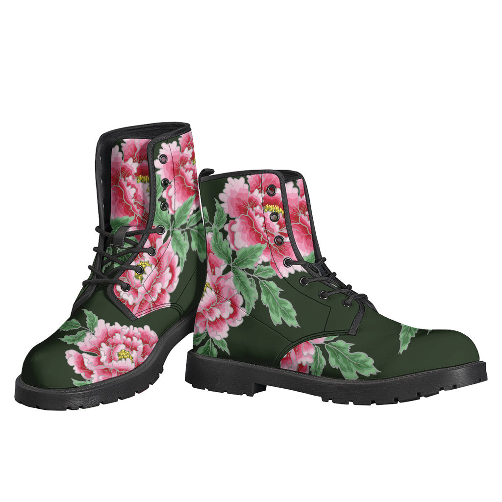 Boho Beauty: Japanese Peony Print Leather Boots for Hippie Style - 3