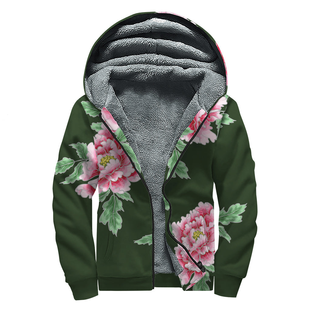 Japanese Peony Print Sherpa Lined Zip Up Hoodie for Boho-Chic Hippies - 1