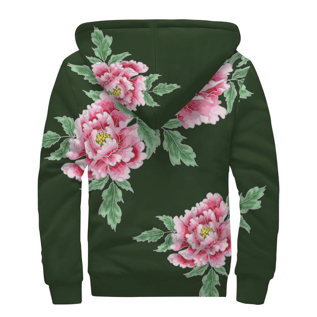 Japanese Peony Print Sherpa Lined Zip Up Hoodie for Boho-Chic Hippies - 2