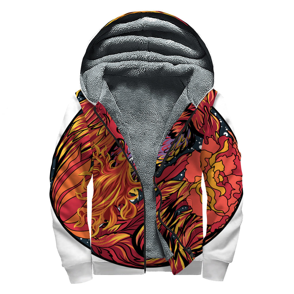 Japanese Phoenix Print Sherpa Lined Zip Up Hoodie: The Ultimate Hippie Style Statement - 1