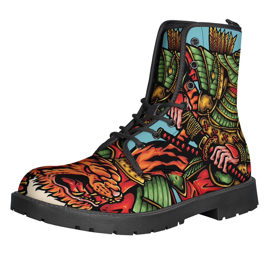 Japanese Samurai and Tiger Print Leather Boots for the Bohemian Soul - 1