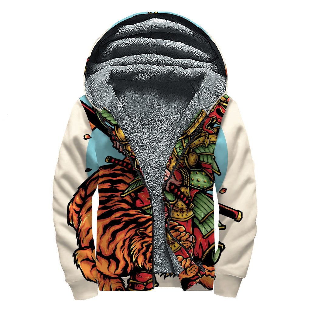 Japanese Samurai and Tiger Print Sherpa Lined Zip Up Hoodie - Embrace Your Inner Hippie Chic - 1