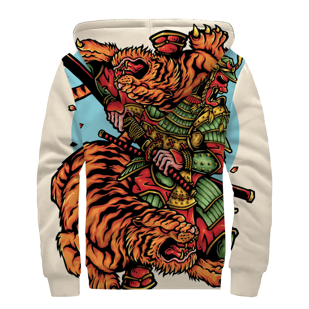 Japanese Samurai and Tiger Print Sherpa Lined Zip Up Hoodie - Embrace Your Inner Hippie Chic - 2