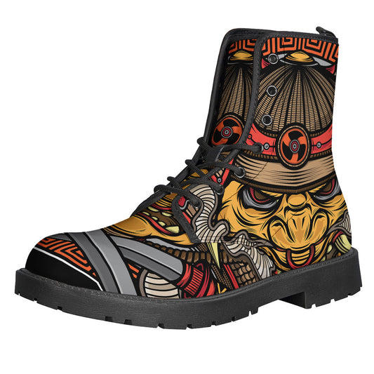 Groovy Vibes: Japanese Samurai Mask Print Leather Boots for Modern Hippies - 1