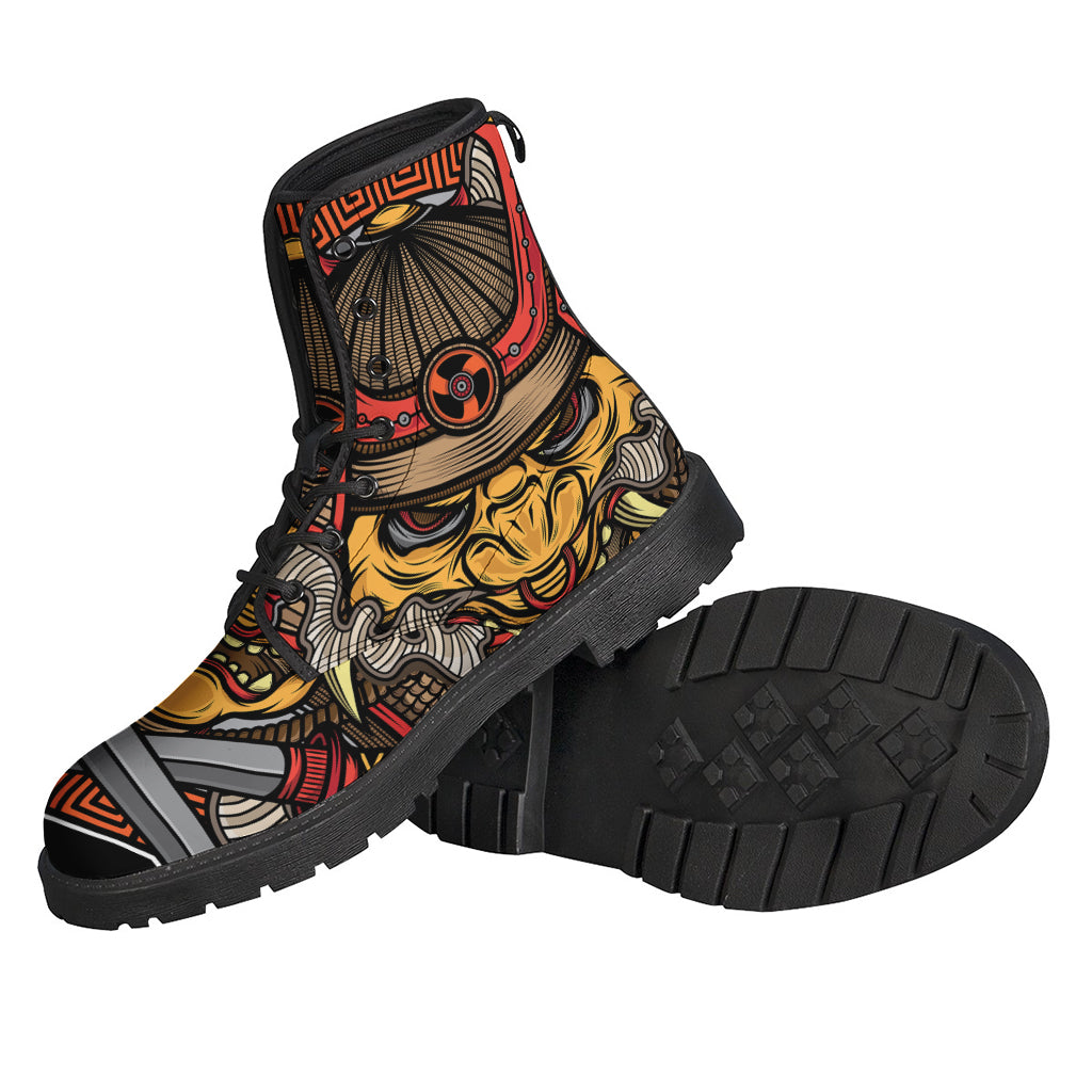 Groovy Vibes: Japanese Samurai Mask Print Leather Boots for Modern Hippies - 2