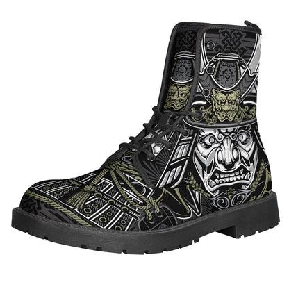 Step into Peace and Style with Japanese Samurai Warrior Print Leather Boots for Hippies - 1