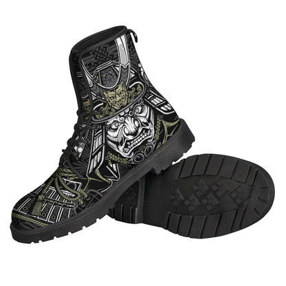 Step into Peace and Style with Japanese Samurai Warrior Print Leather Boots for Hippies - 2