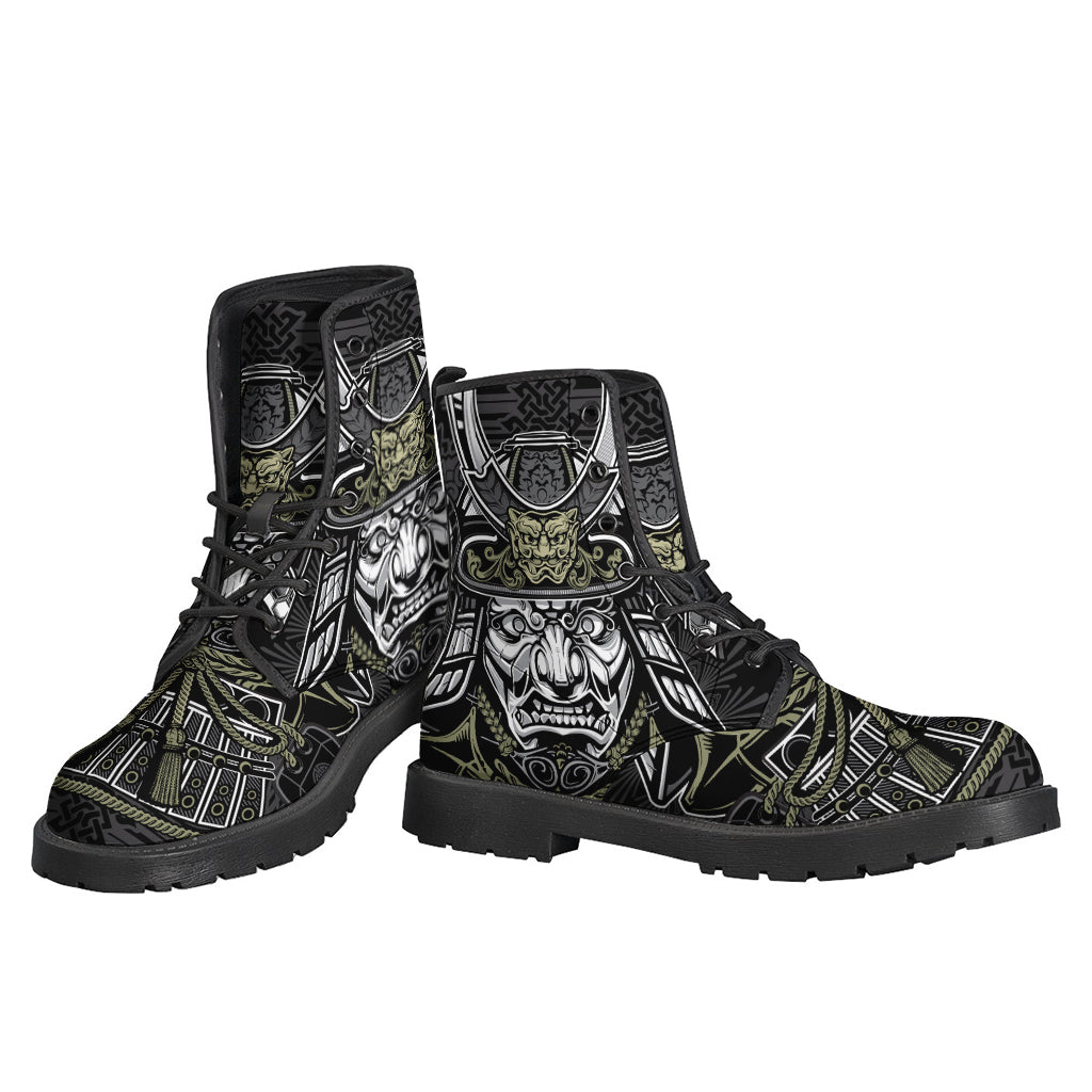 Step into Peace and Style with Japanese Samurai Warrior Print Leather Boots for Hippies - 3