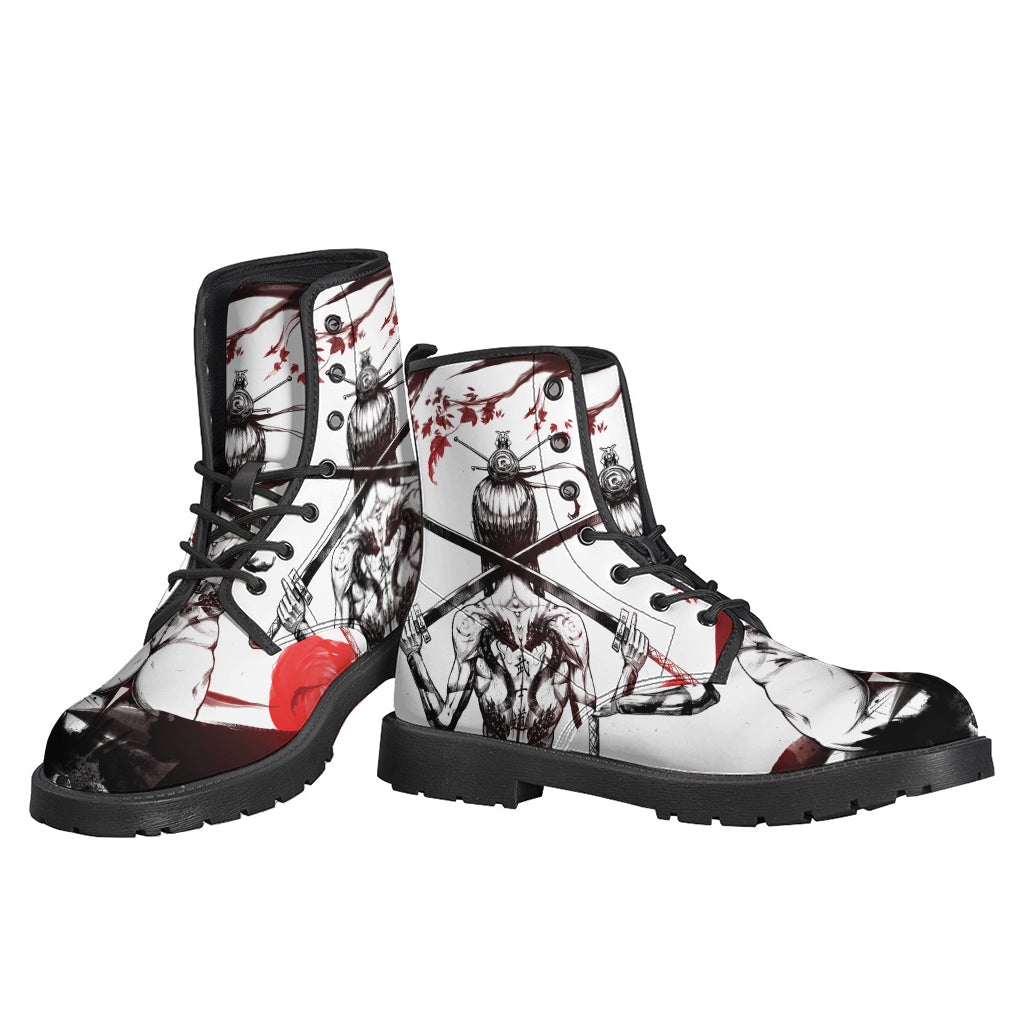 Japanese Samurai Woman Print Leather Boots for Modern Hippies - 3