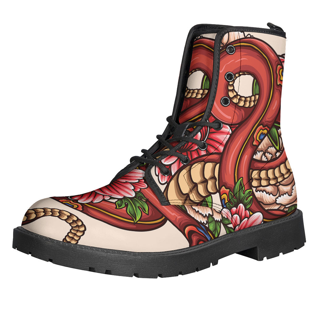 Japanese Snake Tattoo Leather Boots: A Hippie's Lightweight Dream - 1