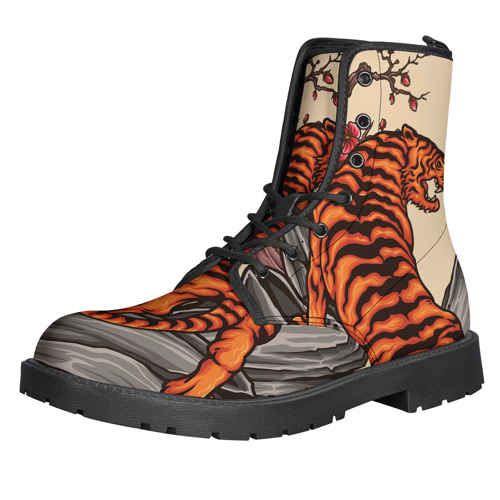 Japanese Tiger Tattoo Print Leather Boots: Groovy Hippie Style for the Free Spirits - 1