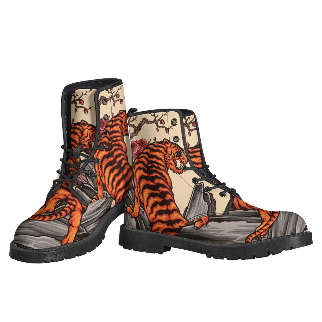 Japanese Tiger Tattoo Print Leather Boots: Groovy Hippie Style for the Free Spirits - 3