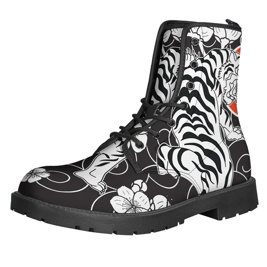 Japanese White Tiger Tattoo Print Hippie Leather Lightweight Boots - 1