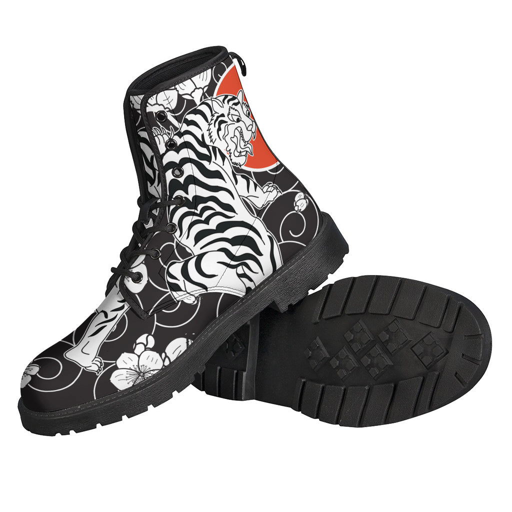 Japanese White Tiger Tattoo Print Hippie Leather Lightweight Boots - 2