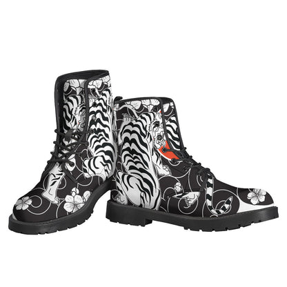 Japanese White Tiger Tattoo Print Hippie Leather Lightweight Boots - 3