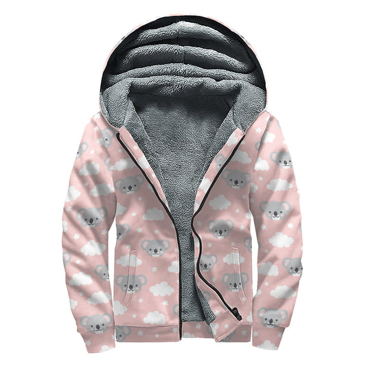 Koala Bear and Cloud Pattern Print Sherpa Lined Zip Up Hoodie for Groovy Hippies - 1