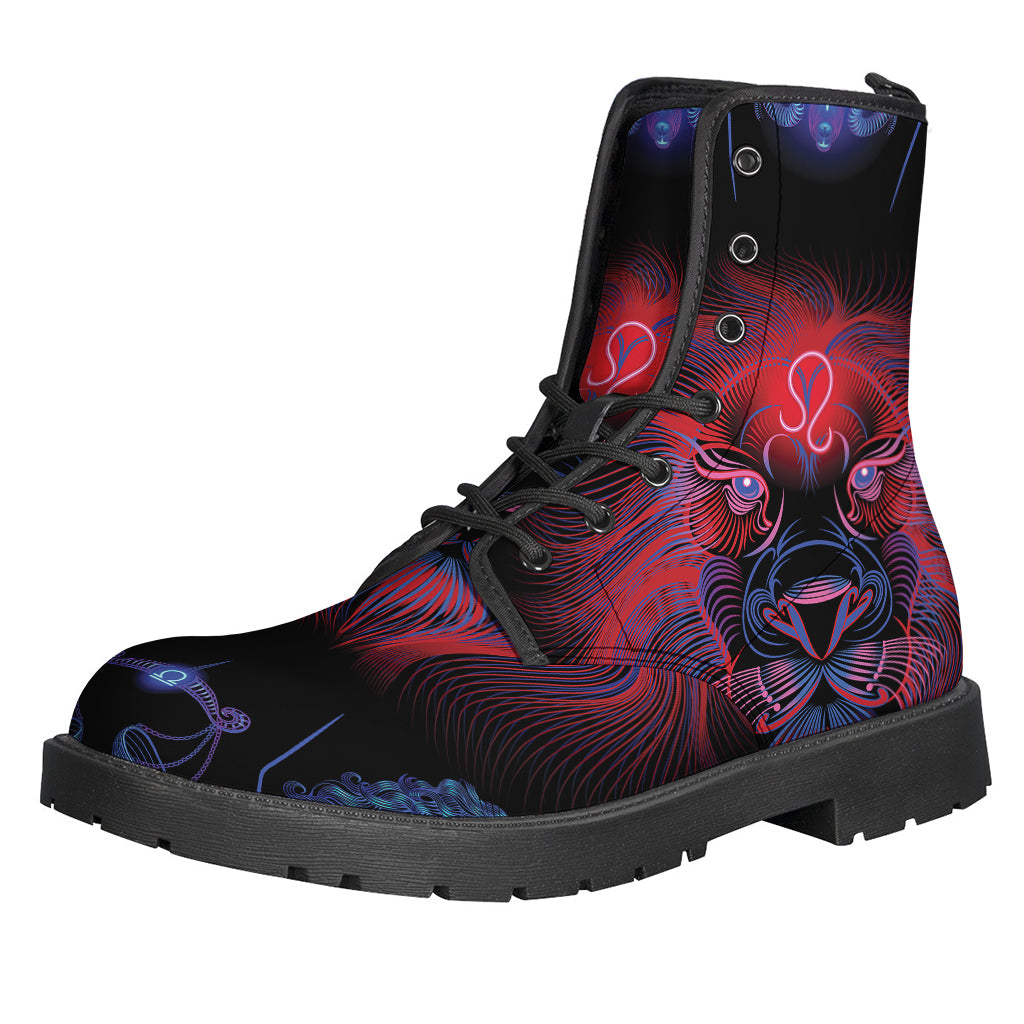 Boho Chic: Leo and Astrological Signs Print Leather Boots - 1