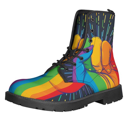 Groovy Vibes: Hand-Printed LGBT Pride Rainbow Leather Boots - 1