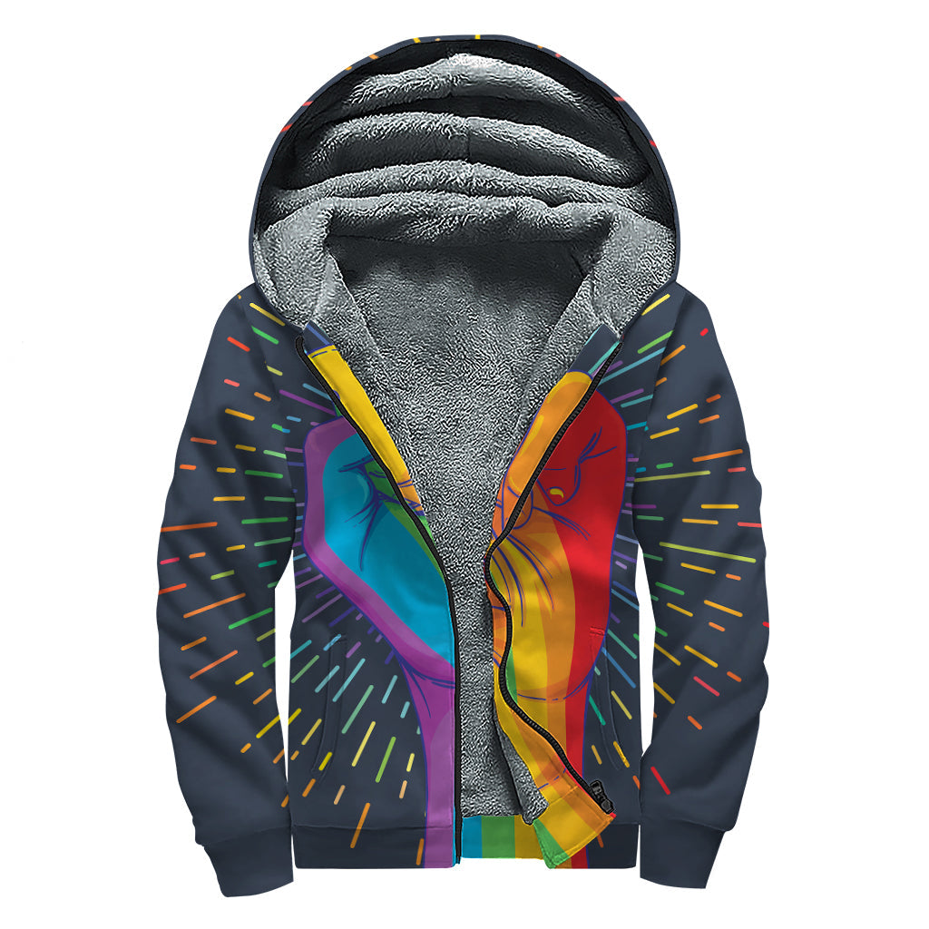 Groovy LGBT Pride Rainbow Hand Print Sherpa Lined Zip Up Hoodie for Hippies - 1