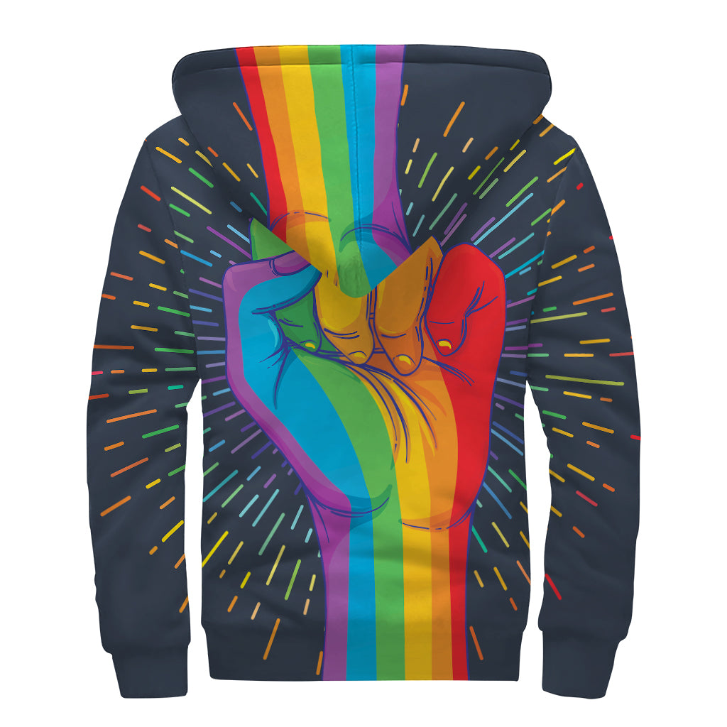 Groovy LGBT Pride Rainbow Hand Print Sherpa Lined Zip Up Hoodie for Hippies - 2