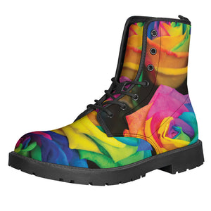 Emerald Blossoms - Pride Rainbow Roses Print Leather Boots For Hippie