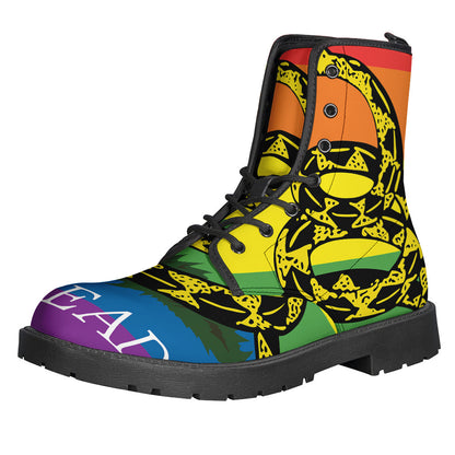 Groovy Rainbow Gadsden Flag Leather Boots for Peace-Loving Hippies - 1