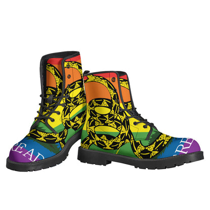 Groovy Rainbow Gadsden Flag Leather Boots for Peace-Loving Hippies - 3