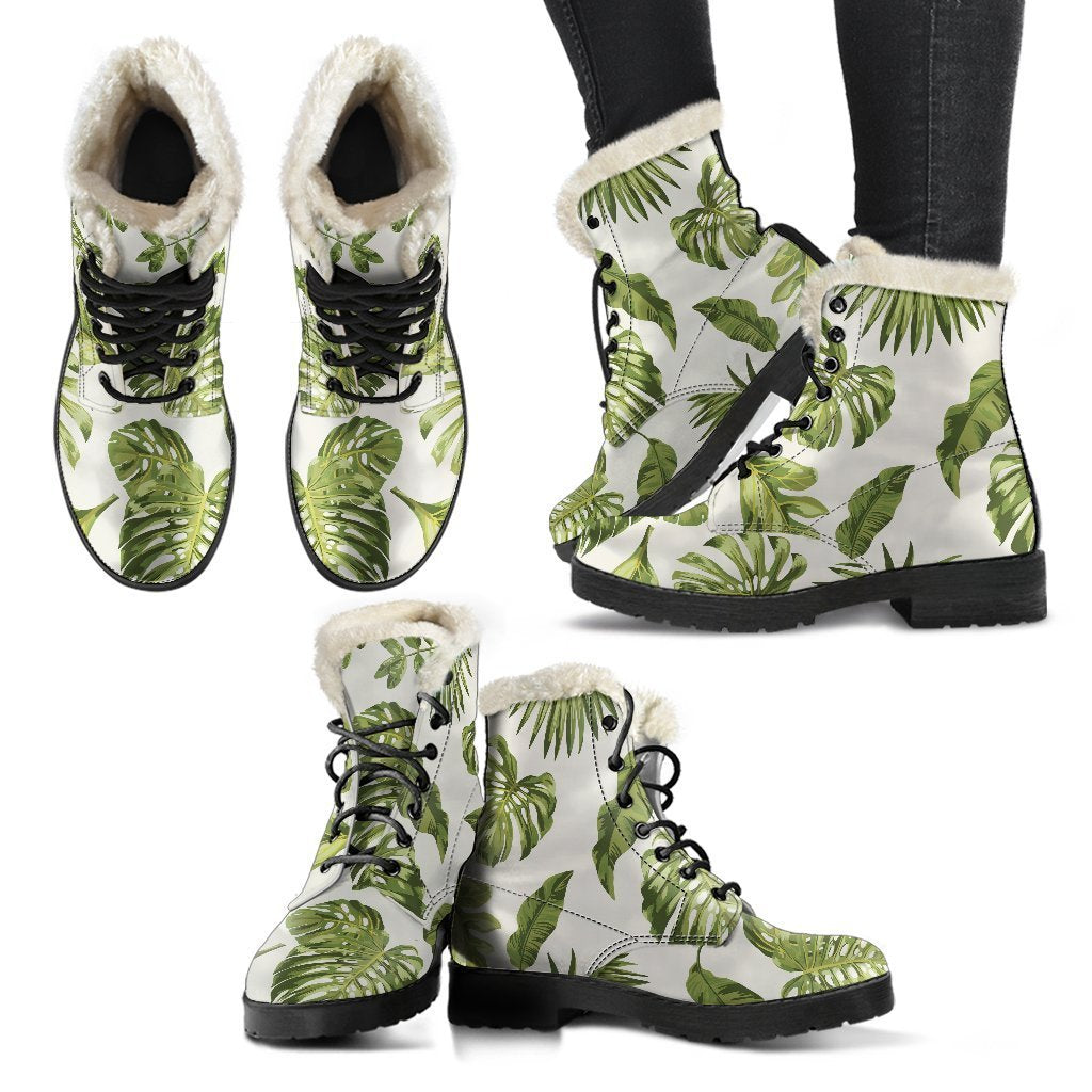 Groovy Vibes: Light Tropical Leaf Pattern Faux Fur Leather Boots for the Modern Hippie - 2