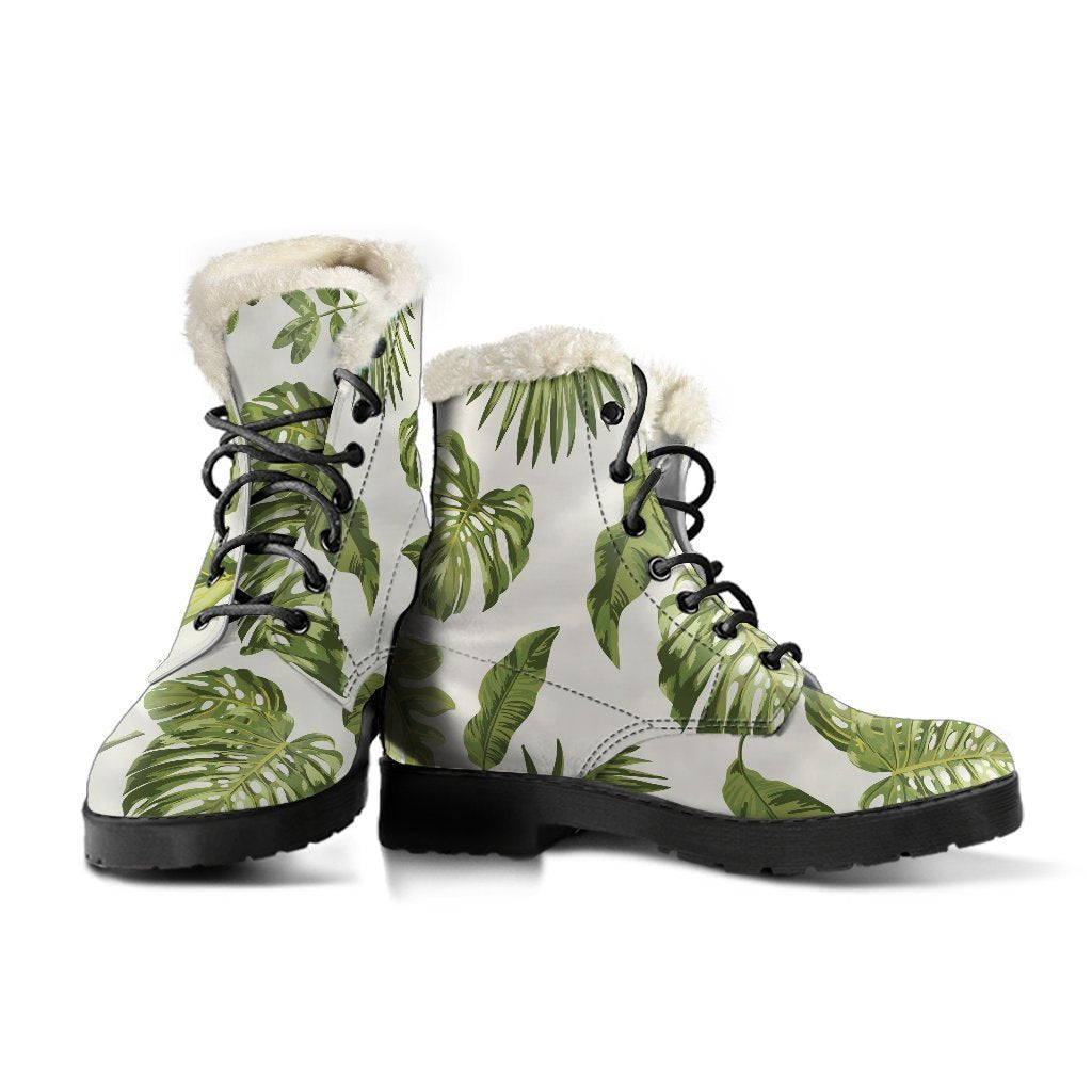 Groovy Vibes: Light Tropical Leaf Pattern Faux Fur Leather Boots for the Modern Hippie - 3