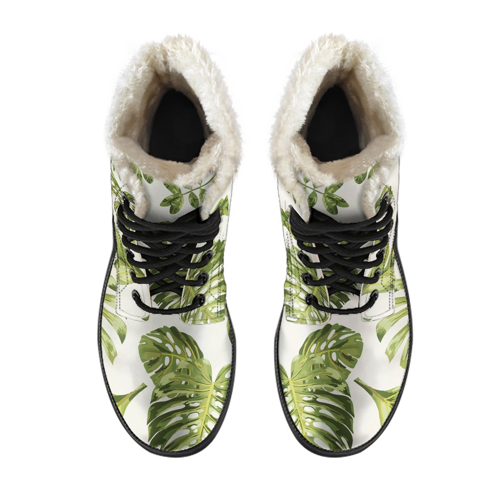 Groovy Vibes: Light Tropical Leaf Pattern Faux Fur Leather Boots for the Modern Hippie - 4