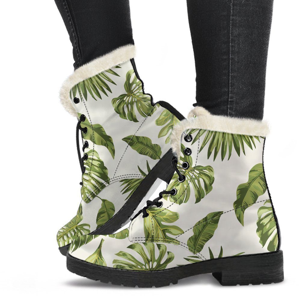 Groovy Vibes: Light Tropical Leaf Pattern Faux Fur Leather Boots for the Modern Hippie - 1