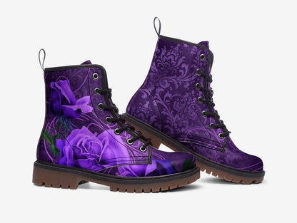 Emerald Blossoms - Lilac Damask & Roses Vegan Leather Combat Boots For Hippies