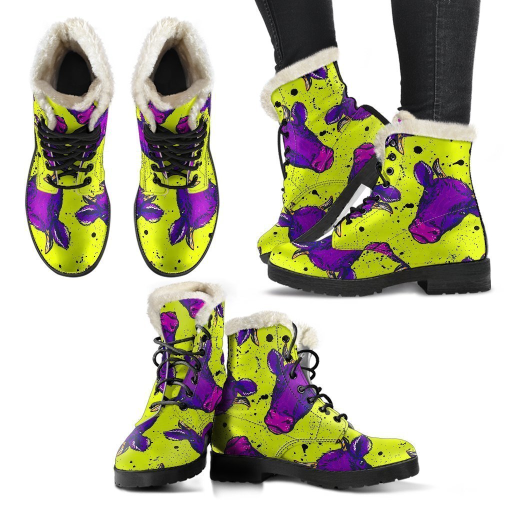 Lime Green and Purple Cow Pattern Faux Fur Leather Boots: Groovy Hippie Style - 2