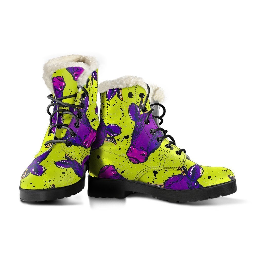 Lime Green and Purple Cow Pattern Faux Fur Leather Boots: Groovy Hippie Style - 3