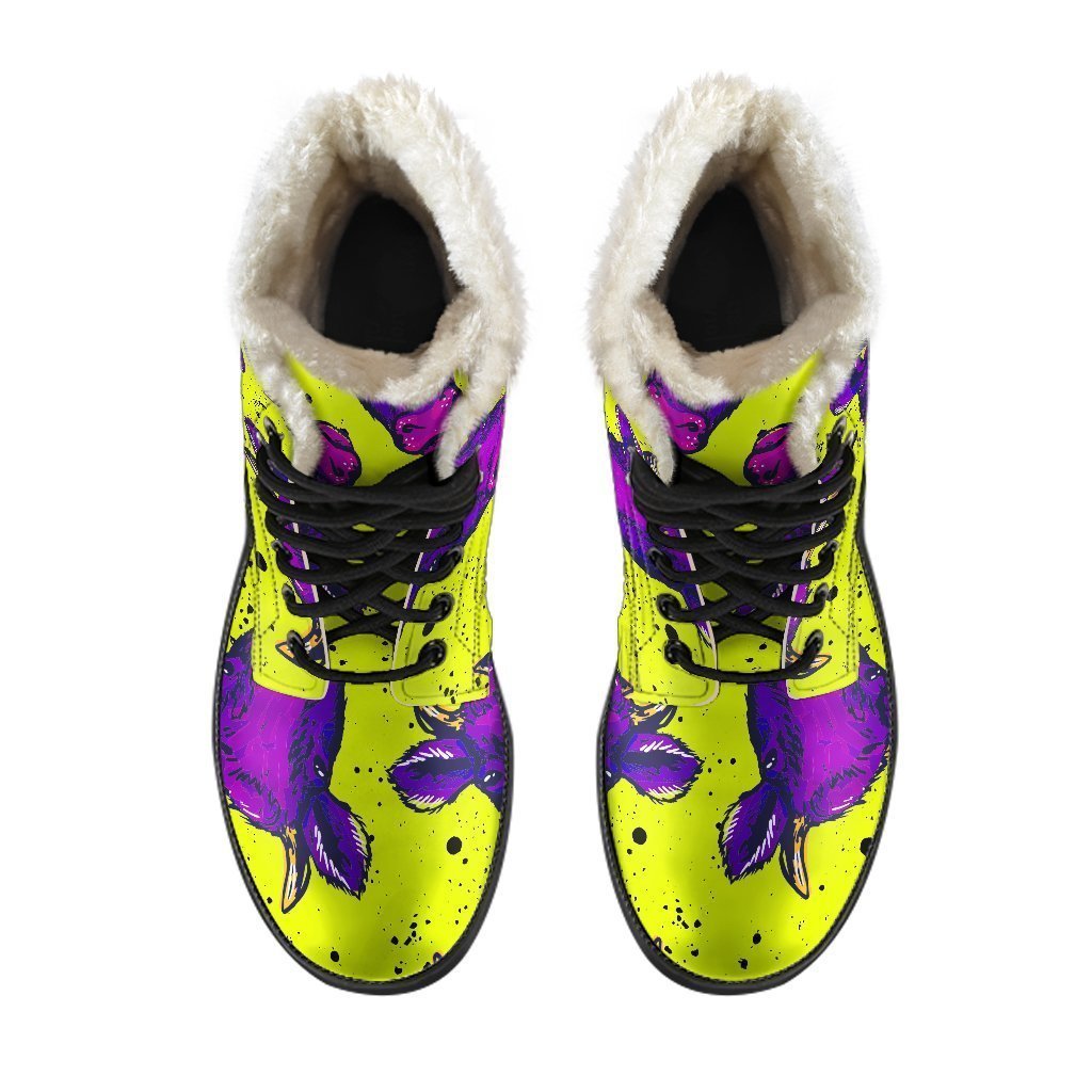 Lime Green and Purple Cow Pattern Faux Fur Leather Boots: Groovy Hippie Style - 4