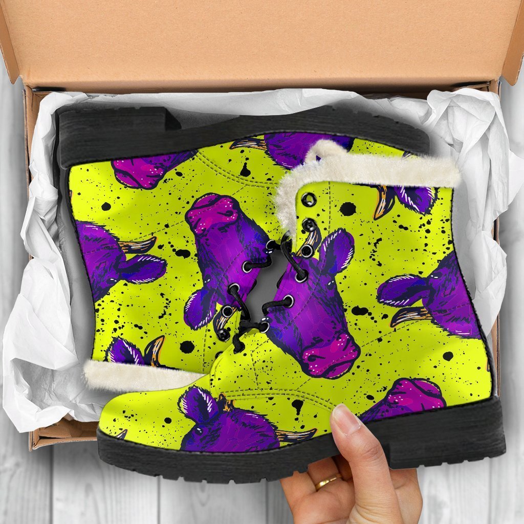 Lime Green and Purple Cow Pattern Faux Fur Leather Boots: Groovy Hippie Style - 5