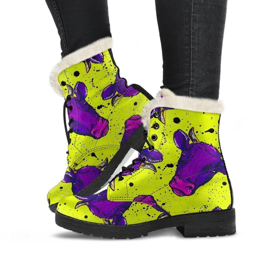 Lime Green and Purple Cow Pattern Faux Fur Leather Boots: Groovy Hippie Style - 1