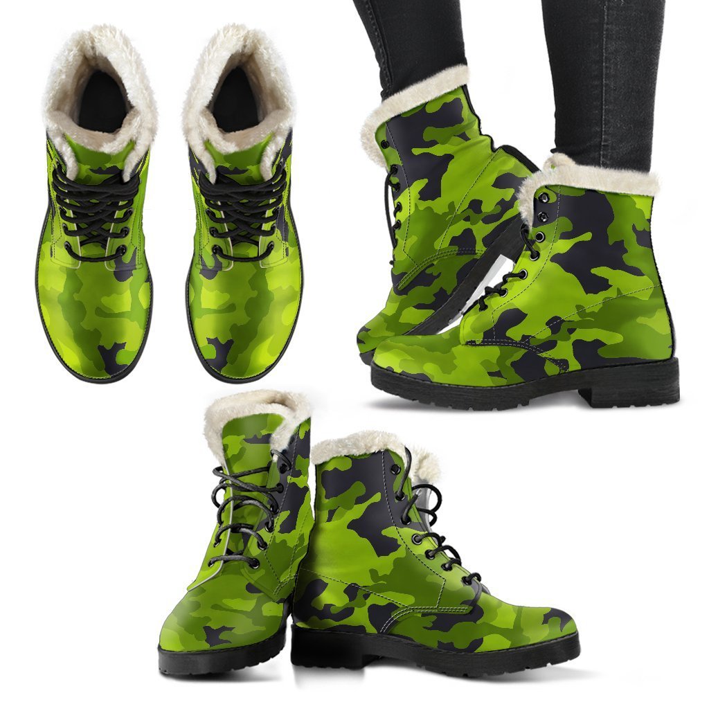 Lime Green Camouflage Faux Fur Leather Boots for the Groovy Hippie Spirit - 2