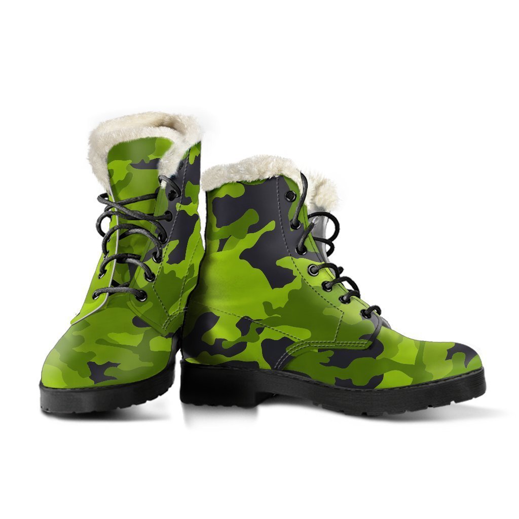 Lime Green Camouflage Faux Fur Leather Boots for the Groovy Hippie Spirit - 3