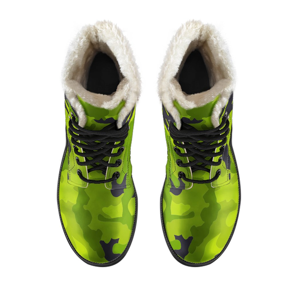 Lime Green Camouflage Faux Fur Leather Boots for the Groovy Hippie Spirit - 4