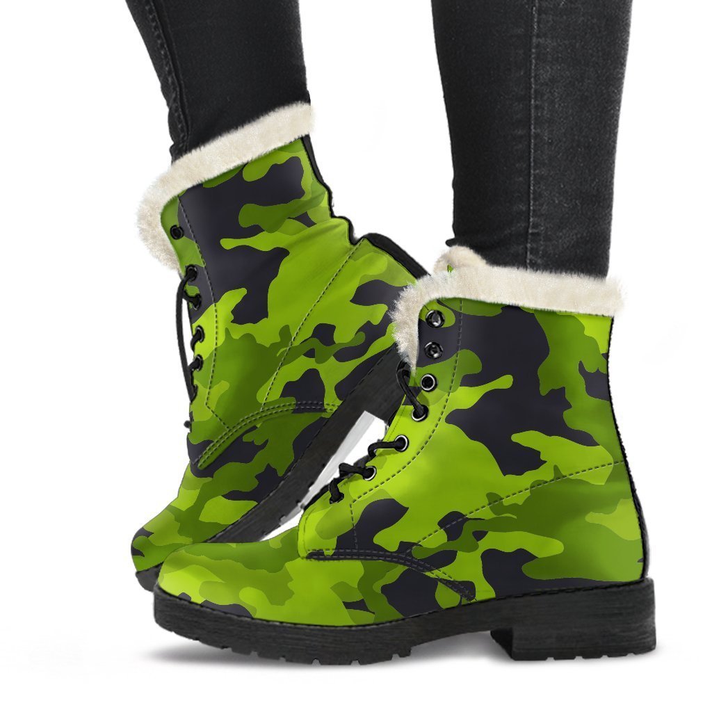 Lime Green Camouflage Faux Fur Leather Boots for the Groovy Hippie Spirit - 1