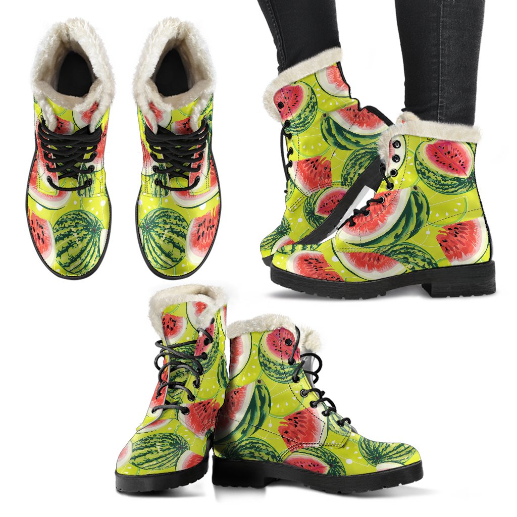 Lime Green Watermelon Pattern Print Faux Fur Leather Boots for Groovy Hippies - 2