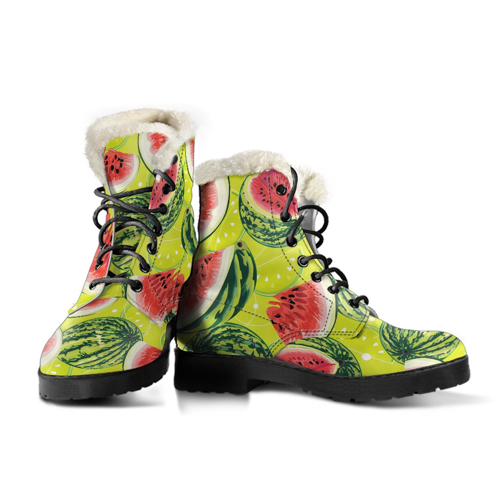 Lime Green Watermelon Pattern Print Faux Fur Leather Boots for Groovy Hippies - 3