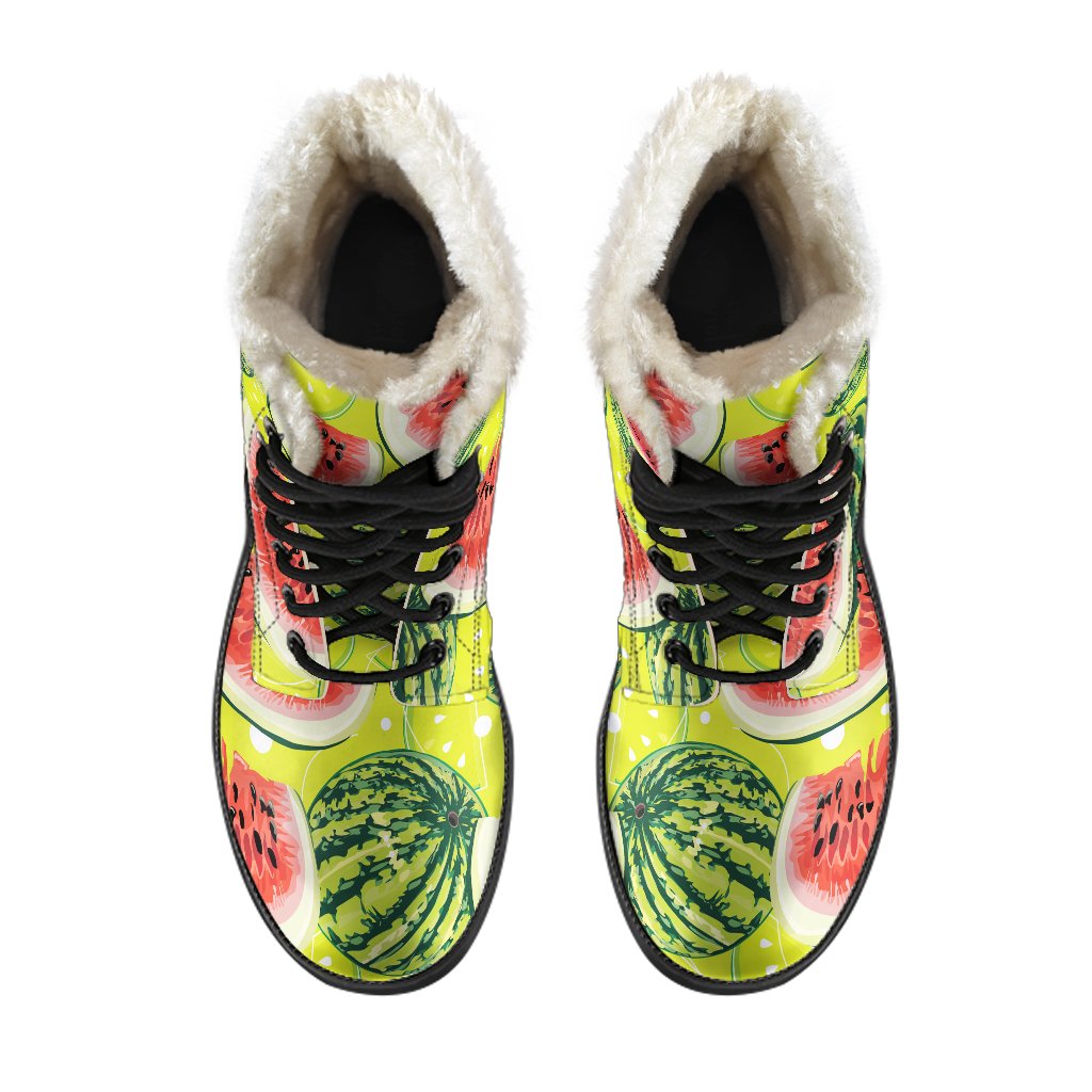 Lime Green Watermelon Pattern Print Faux Fur Leather Boots for Groovy Hippies - 4