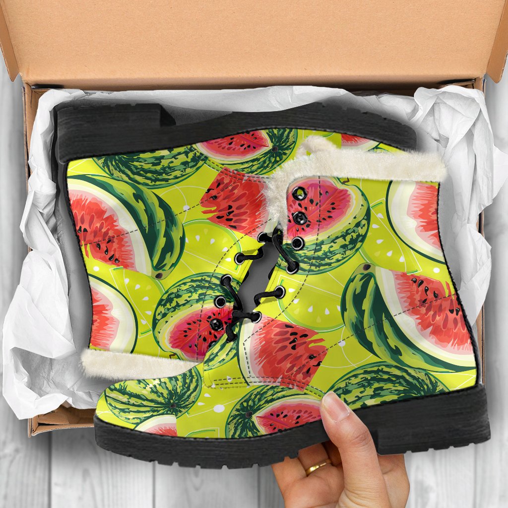 Lime Green Watermelon Pattern Print Faux Fur Leather Boots for Groovy Hippies - 5