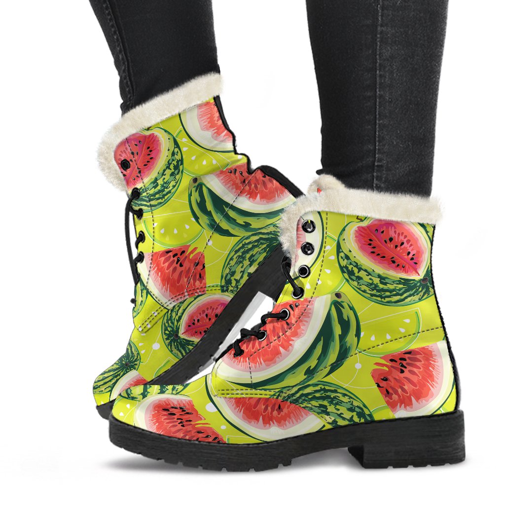 Lime Green Watermelon Pattern Print Faux Fur Leather Boots for Groovy Hippies - 1