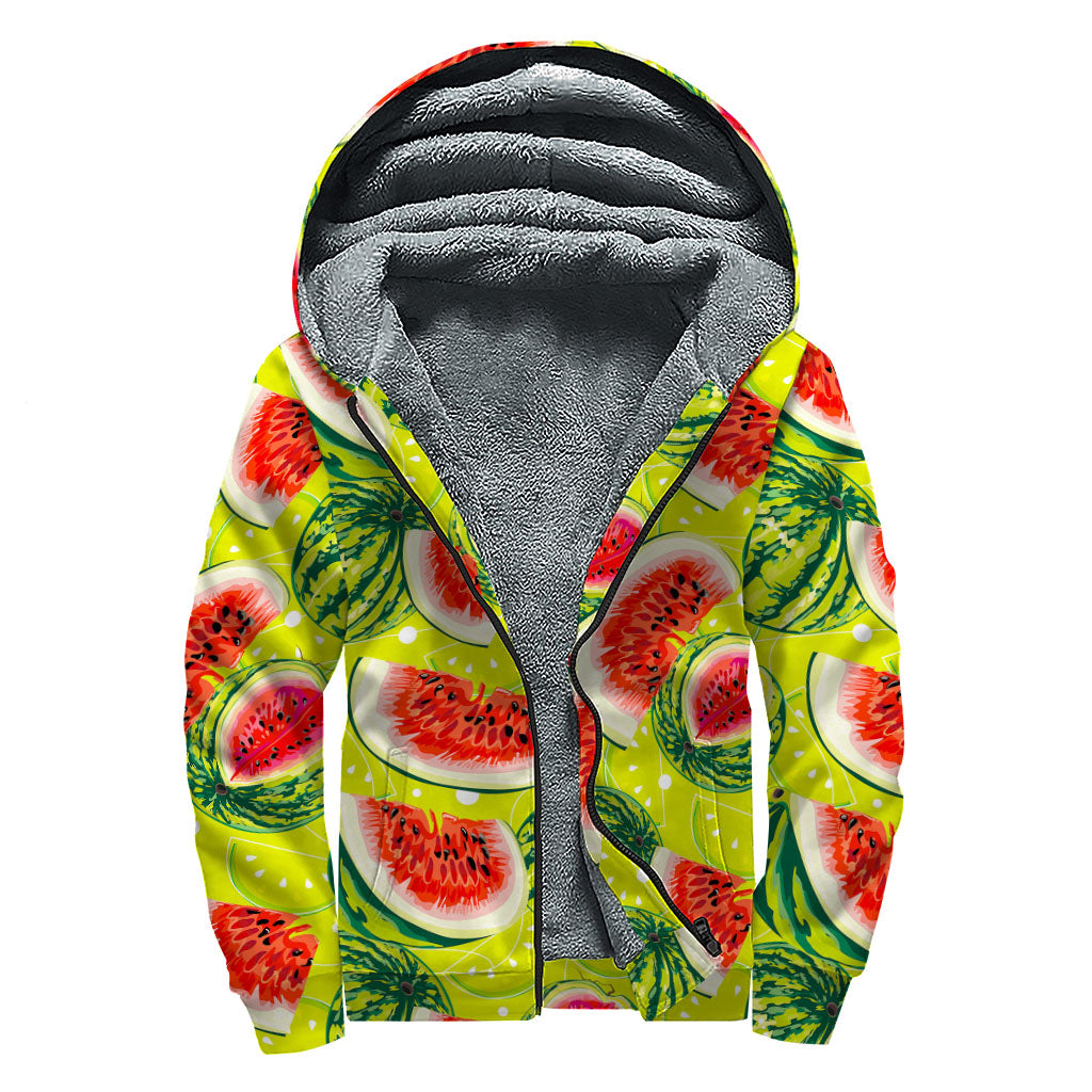 Lime Green Watermelon Pattern Print Sherpa Lined Zip Up Hoodie for the Free-Spirited Hippie Soul - 1