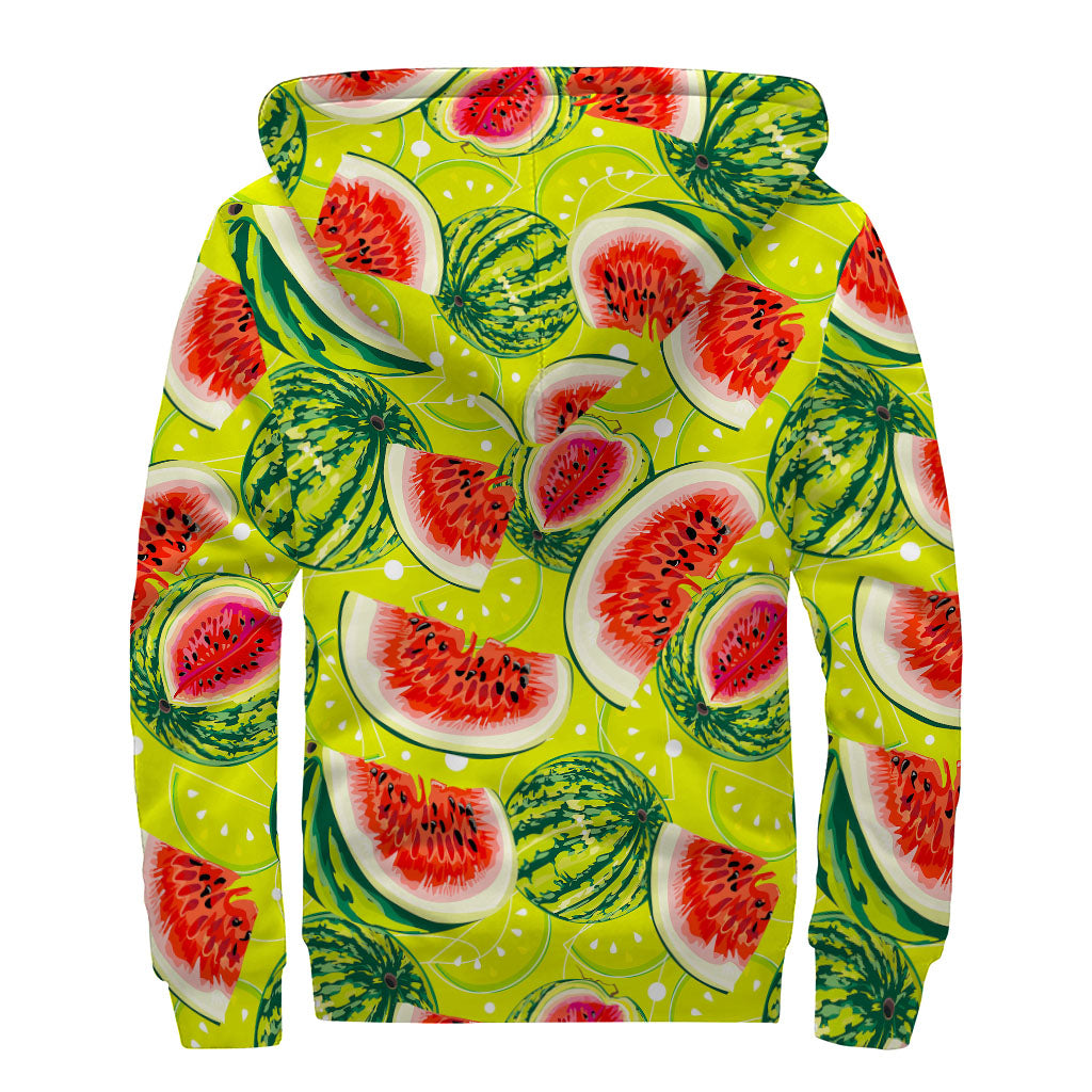 Lime Green Watermelon Pattern Print Sherpa Lined Zip Up Hoodie for the Free-Spirited Hippie Soul - 2